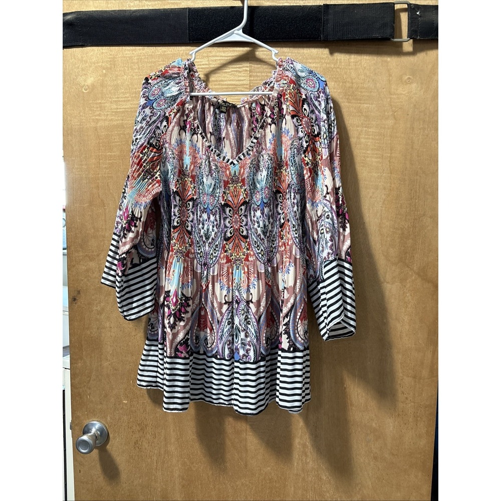 Melissa Paige Paisley Pleated Blouse Women 1X Multi‎ Color Tunic 3/4 Bell Sleeve